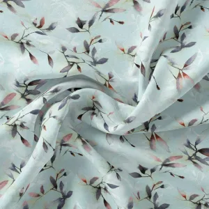 Bluish Thin And Light Leaves Digital Printed Fabric - Rayon