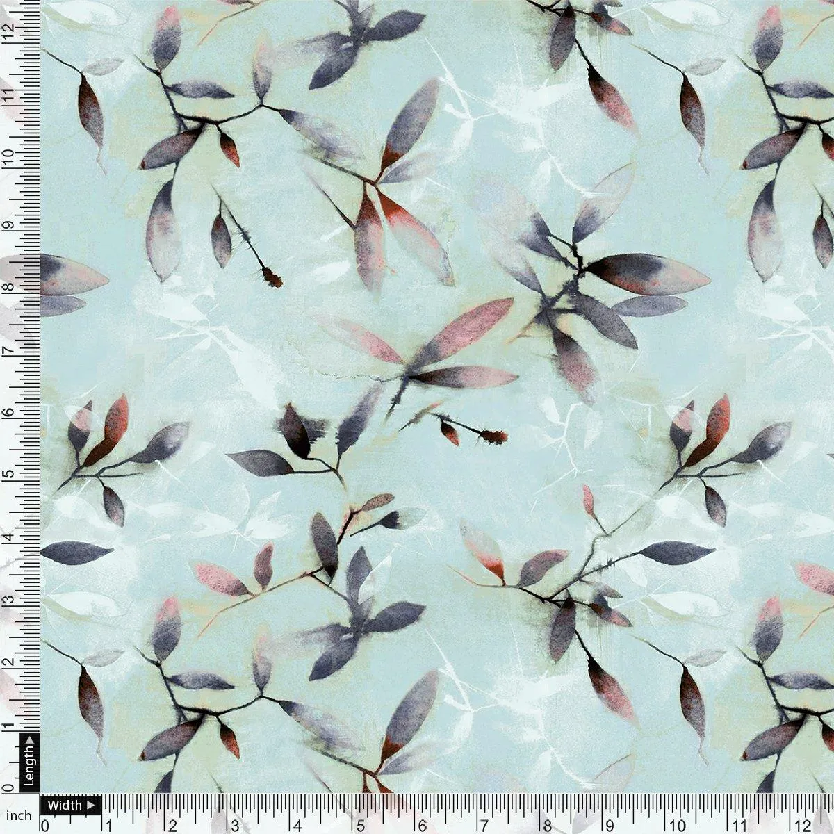 Bluish Thin And Light Leaves Digital Printed Fabric - Rayon