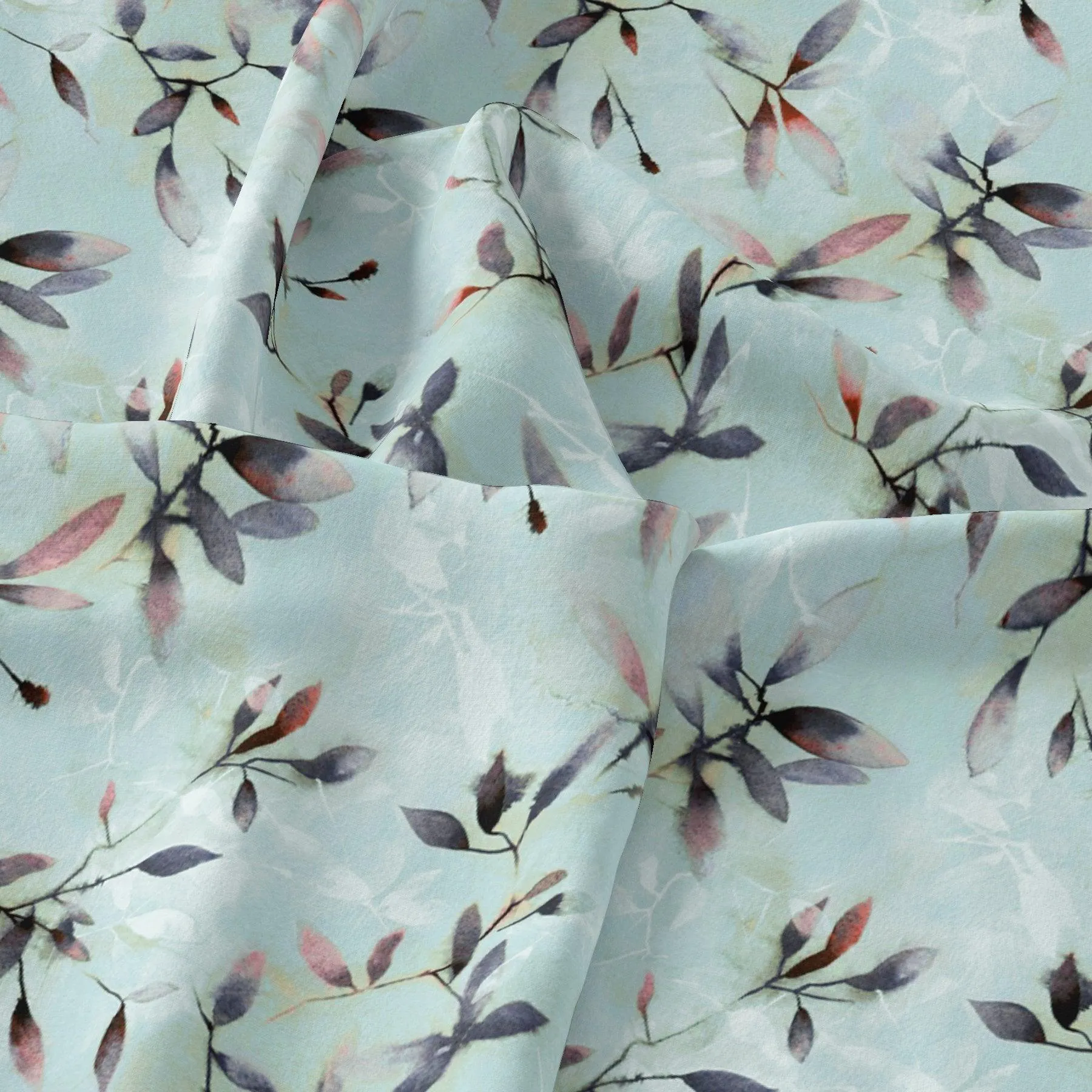 Bluish Thin And Light Leaves Digital Printed Fabric - Rayon