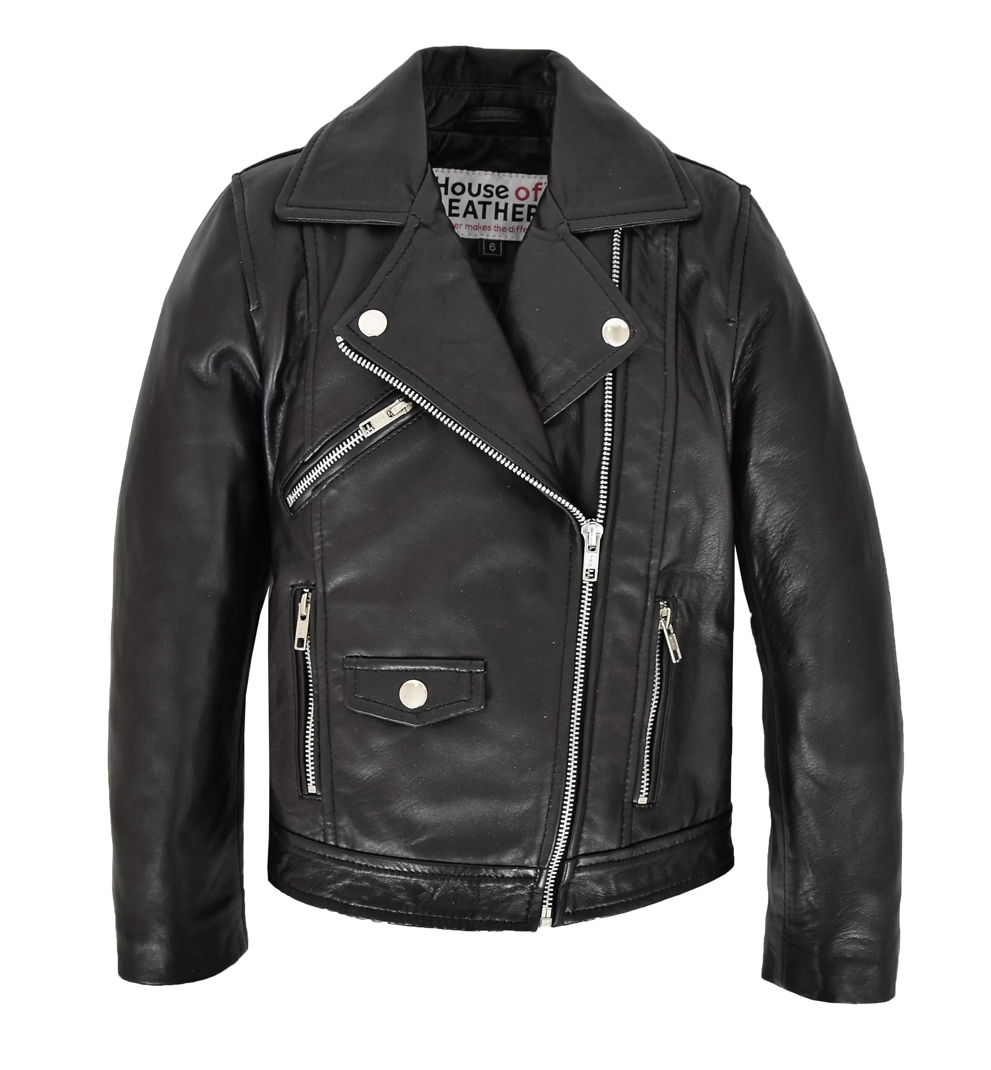 Girls Kids Black Biker Real Leather Jacket Zip Fasten Coat 2-12 Years