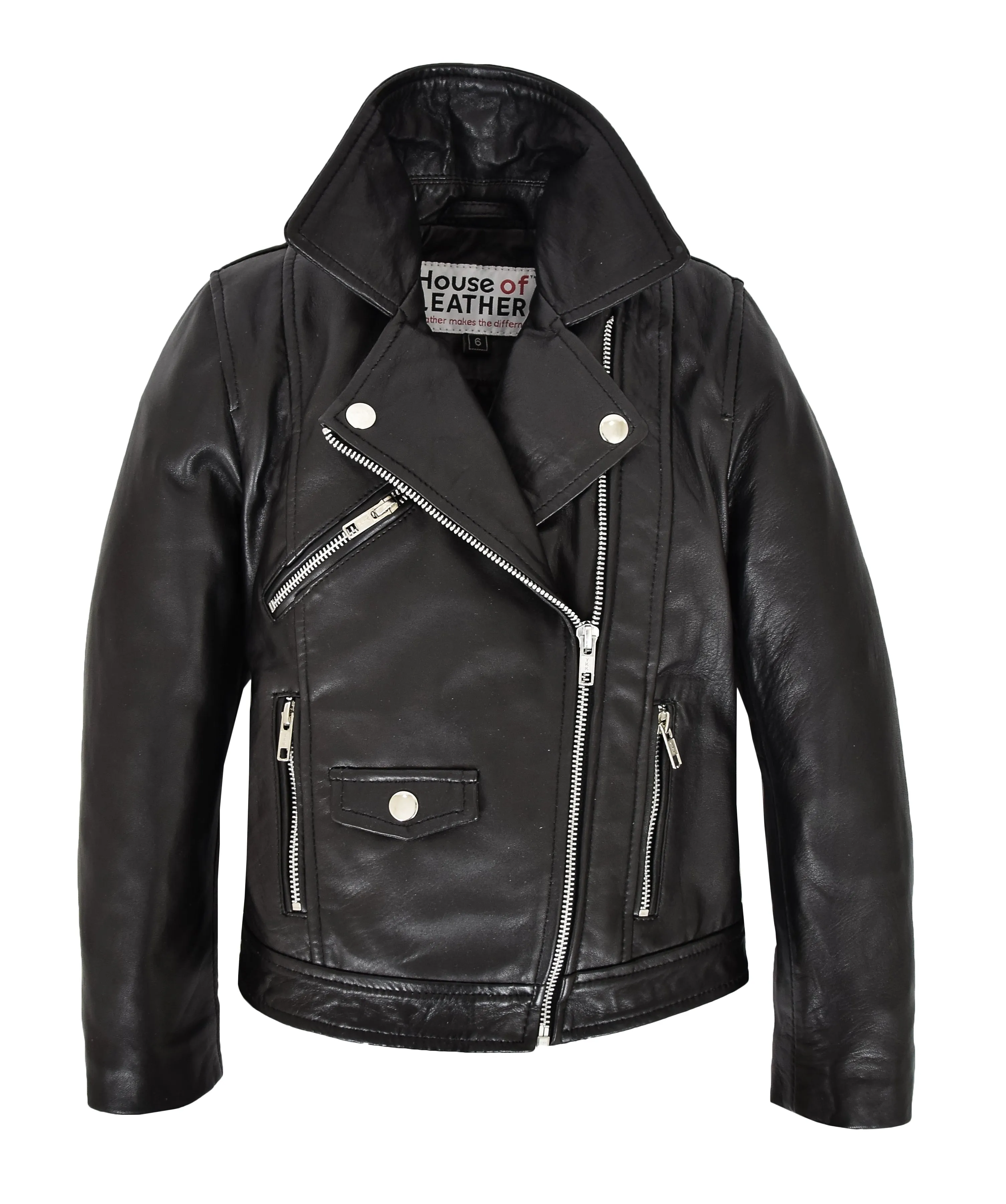 Girls Kids Black Biker Real Leather Jacket Zip Fasten Coat 2-12 Years