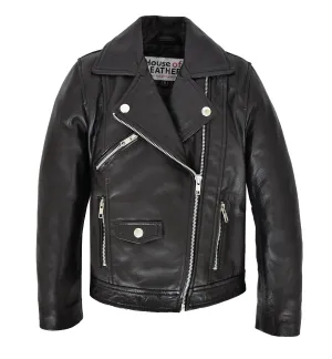 Girls Kids Black Biker Real Leather Jacket Zip Fasten Coat 2-12 Years