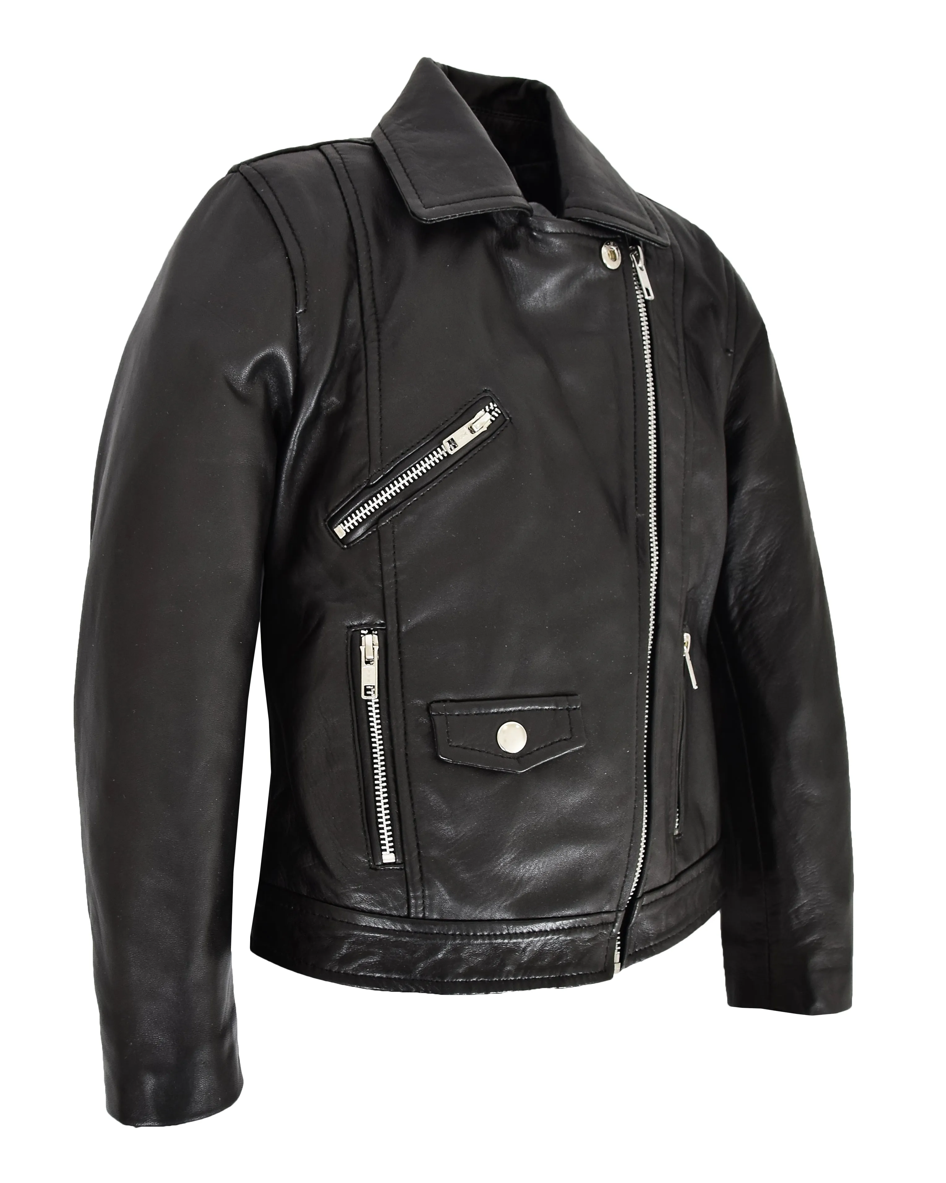 Girls Kids Black Biker Real Leather Jacket Zip Fasten Coat 2-12 Years