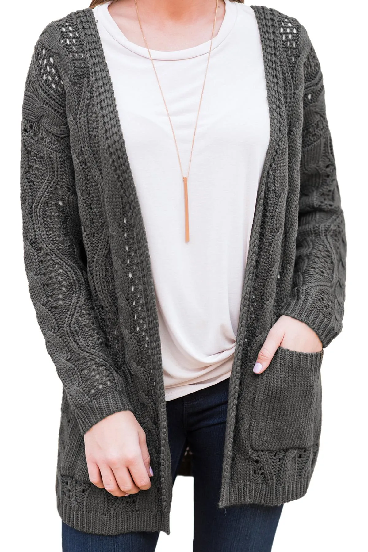 Hollow Out Open Front Cardigan with Pockets