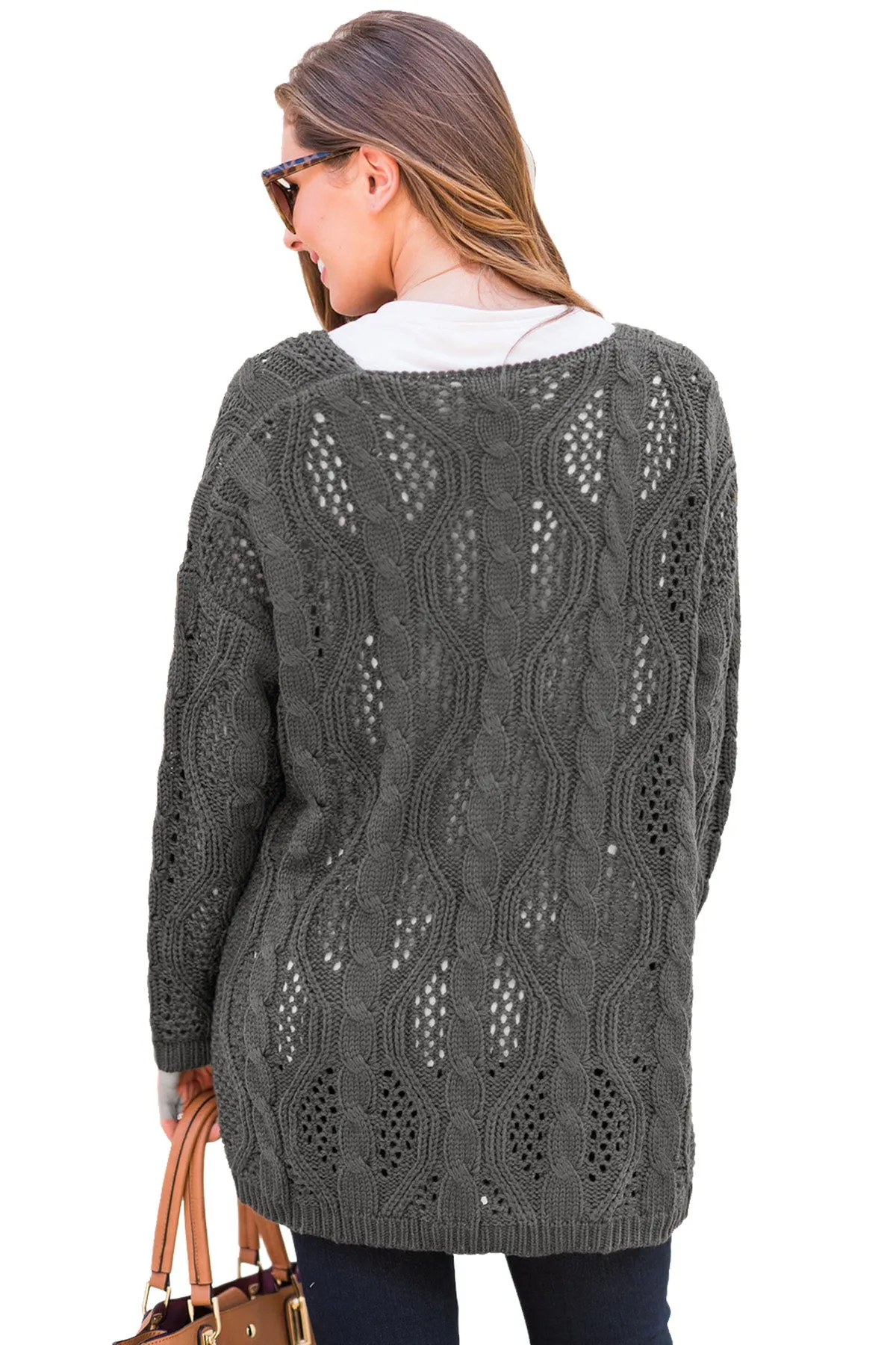 Hollow Out Open Front Cardigan with Pockets