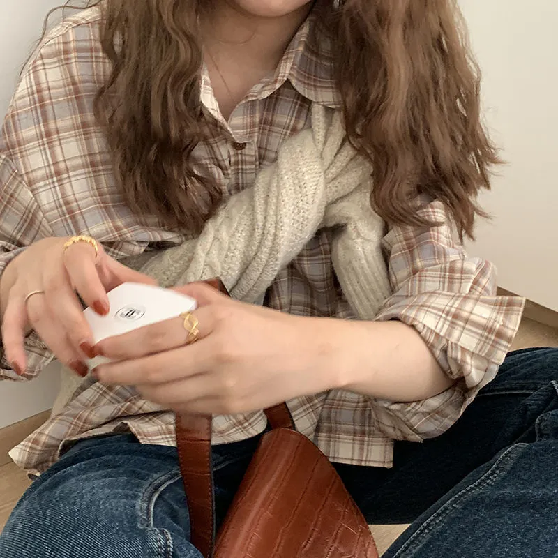 Joskaa Christmas Gift Women Shirts Plaid Turn-down Collar Korean Style Fashion Leisure Retro Street Wear Comfortable Chic Soft Loose Ulzzang Ins Tops