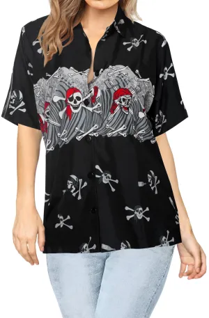 La Leela Women's Causal Halloween Skull Cross & Pirates Printed Bright Black Shirt