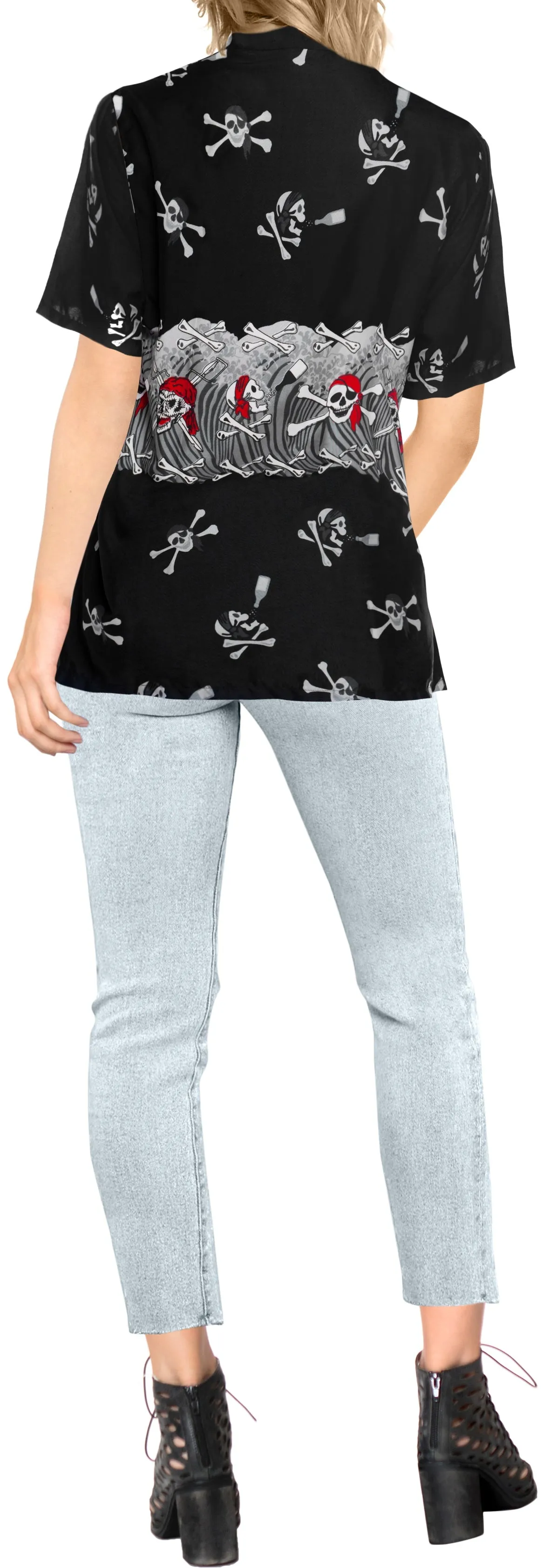 La Leela Women's Causal Halloween Skull Cross & Pirates Printed Bright Black Shirt