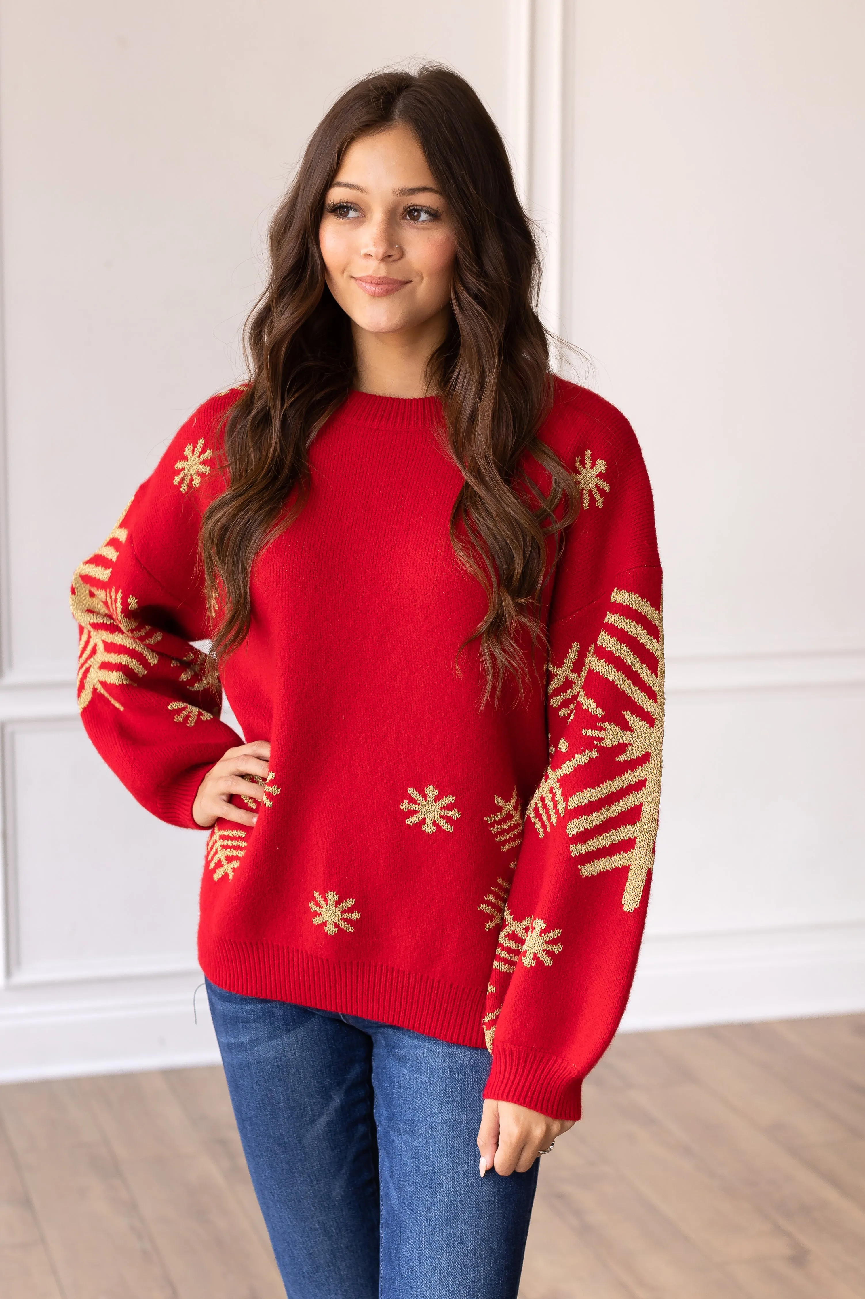 Nightfall Frost Red Sweater with Gold Snowflakes