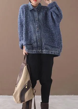 Women blue Sweater Blouse lapel collar oversize patchwork sweaters