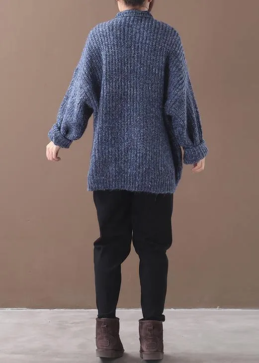 Women blue Sweater Blouse lapel collar oversize patchwork sweaters